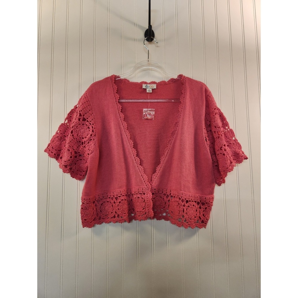 NEW Denim & Co. Women Pink Knit Crop Sweater Size XL Crochet Sleeve Hem Collar‎